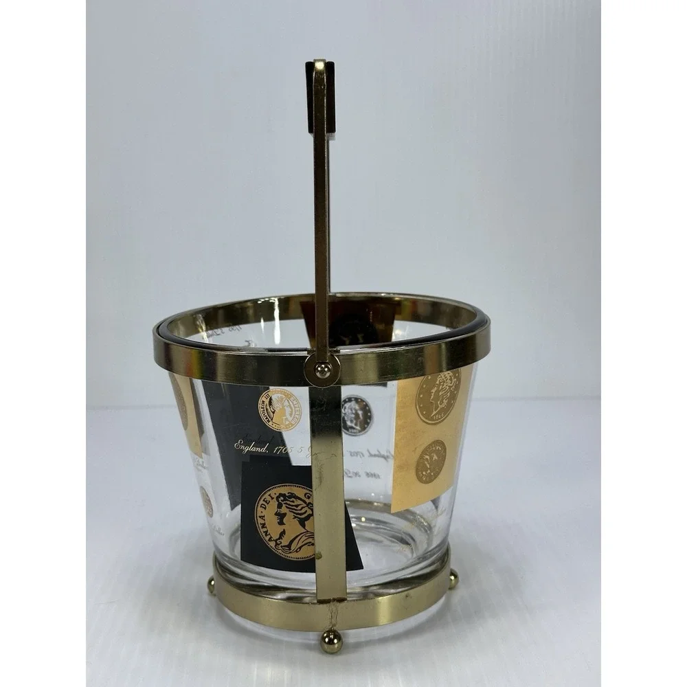 VTG MCM Cera Glass Ice Bucket Wood Handle Carrier Gold Black Coins Small Chip